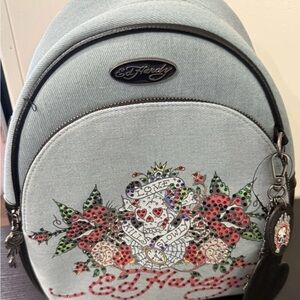 Ed Hardy Light Gray Backpack with Floral and Heart Design